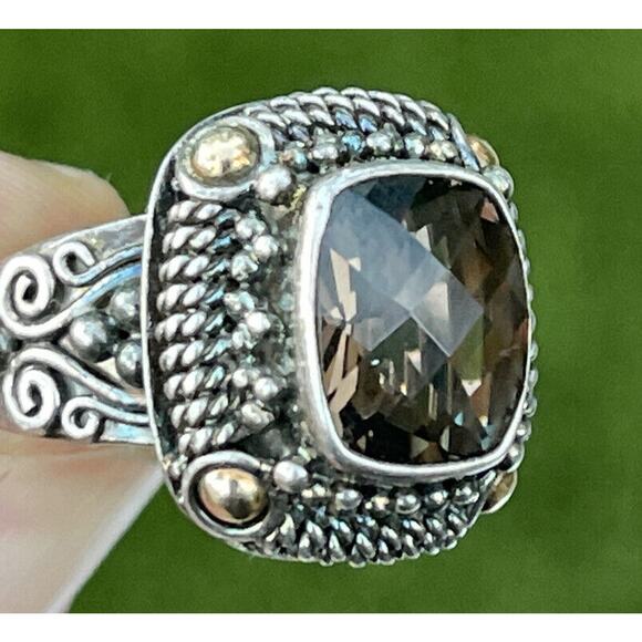 Vintage 18k Yellow Gold Sterling Silver Ring 925 Size 9 Smokey Quartz Bali BA - Picture 2 of 12